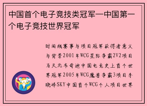 中国首个电子竞技类冠军—中国第一个电子竞技世界冠军
