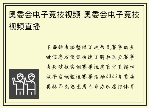 奥委会电子竞技视频 奥委会电子竞技视频直播