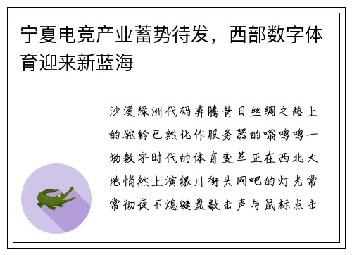 宁夏电竞产业蓄势待发，西部数字体育迎来新蓝海